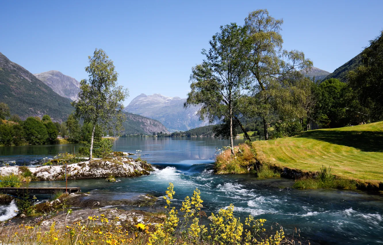 Фото обои деревья, горы, озеро, Норвегия, Norway, Стрюн, Nordfjord, Stryn