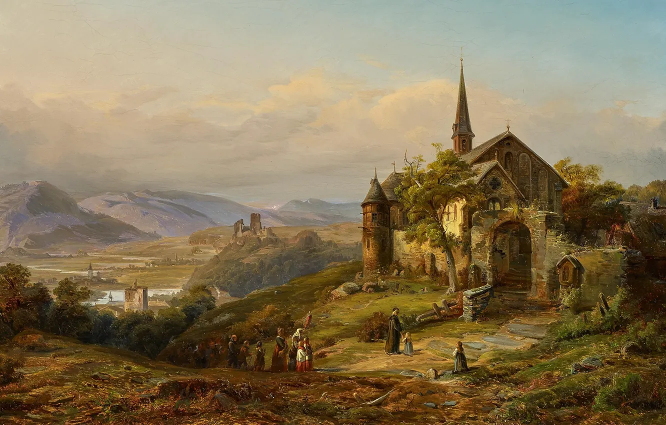 Фото обои German painter, немецкий живописец, oil on canvas, Peter Joseph Minjon, Romantische Rheinlandschaft, Романтический Рейнский пейзаж, …