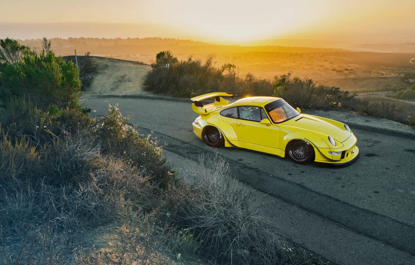 Фото обои Porsche, Yellow, 964, Turbo, Road, RWB