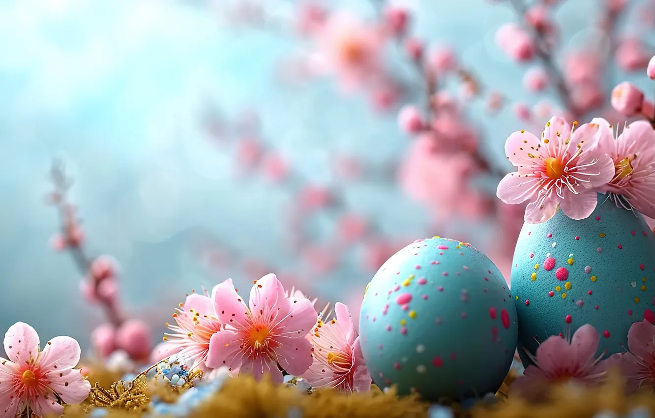 Фото обои цветы, яйца, весна, colorful, Пасха, happy, pink, flowers