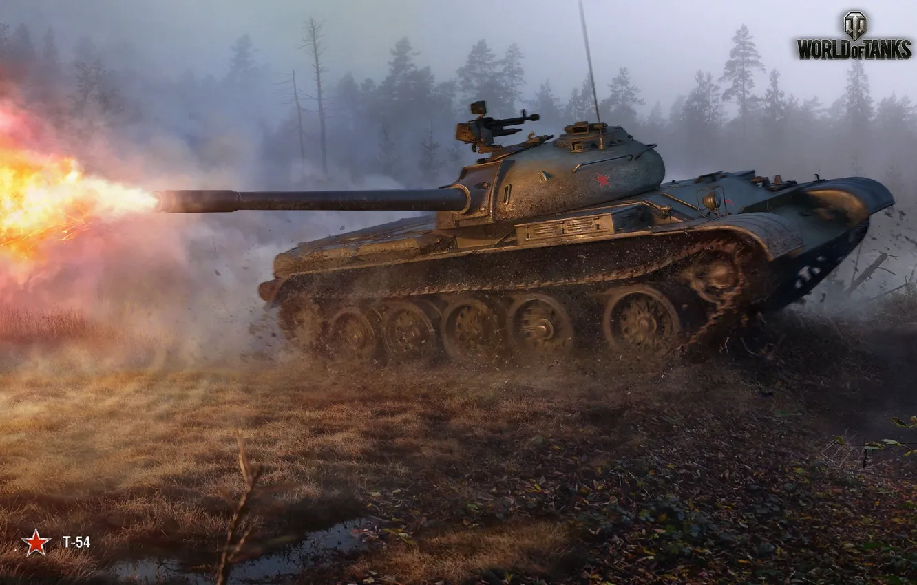 Фото обои грязь, т-54, World of Tanks, Wargaming.net, постріл