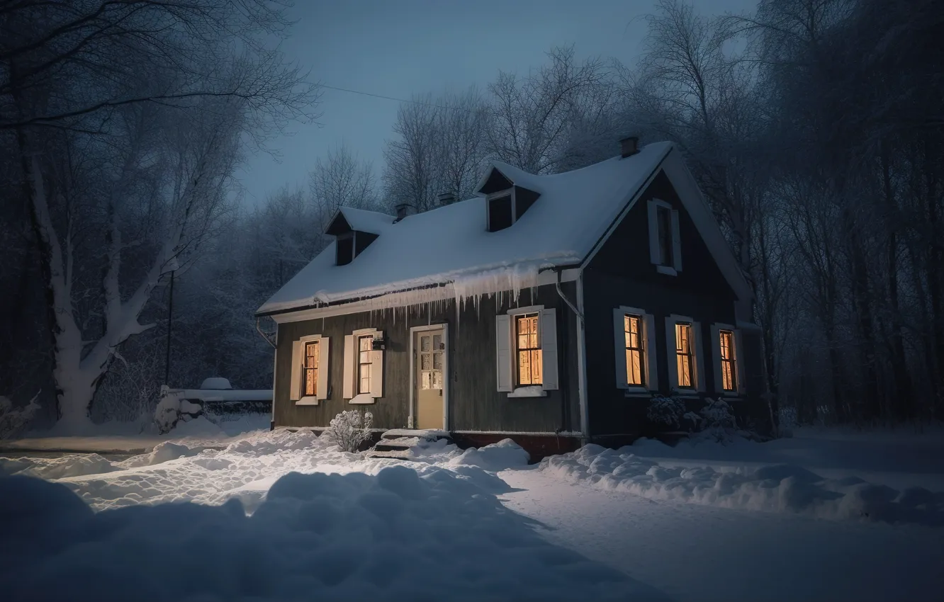 Фото обои зима, лес, снег, ночь, мороз, домик, house, хижина