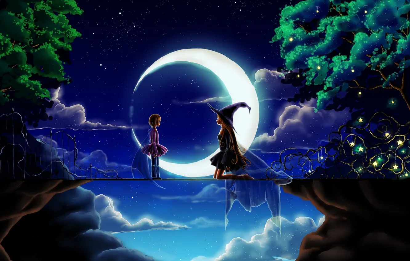Фото обои звезды, деревья, ночь, мост, обрыв, луна, месяц, шляпа