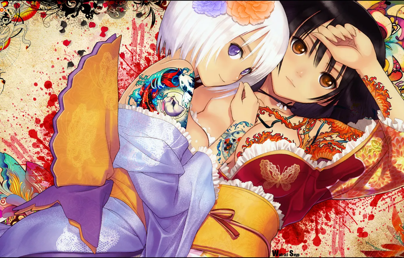 Фото обои девушки, узор, кимоно, лежат