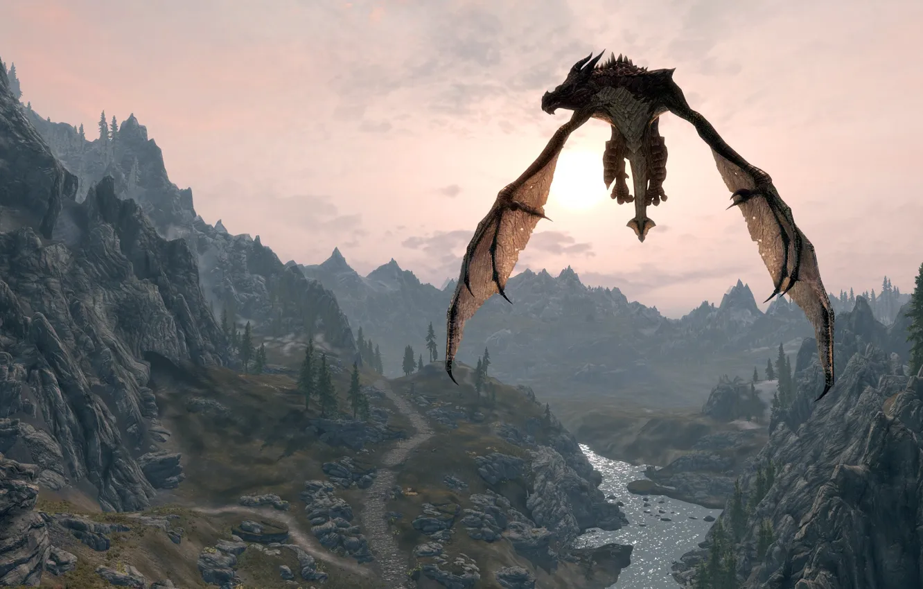 Фото обои полет, дракон, игра, The Elder Scrolls V Skyrim