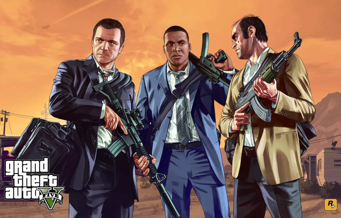 Фото обои костюм, бандиты, сумка, AK-47, автоматы, Rockstar, gta, Grand Theft Auto V