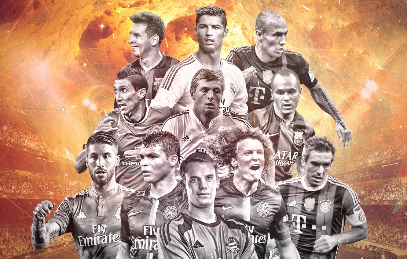 Фото обои David Luiz, Messi, Ronaldo, Di Maria, Sergio Ramos, Iniesta, Neuer, Kross