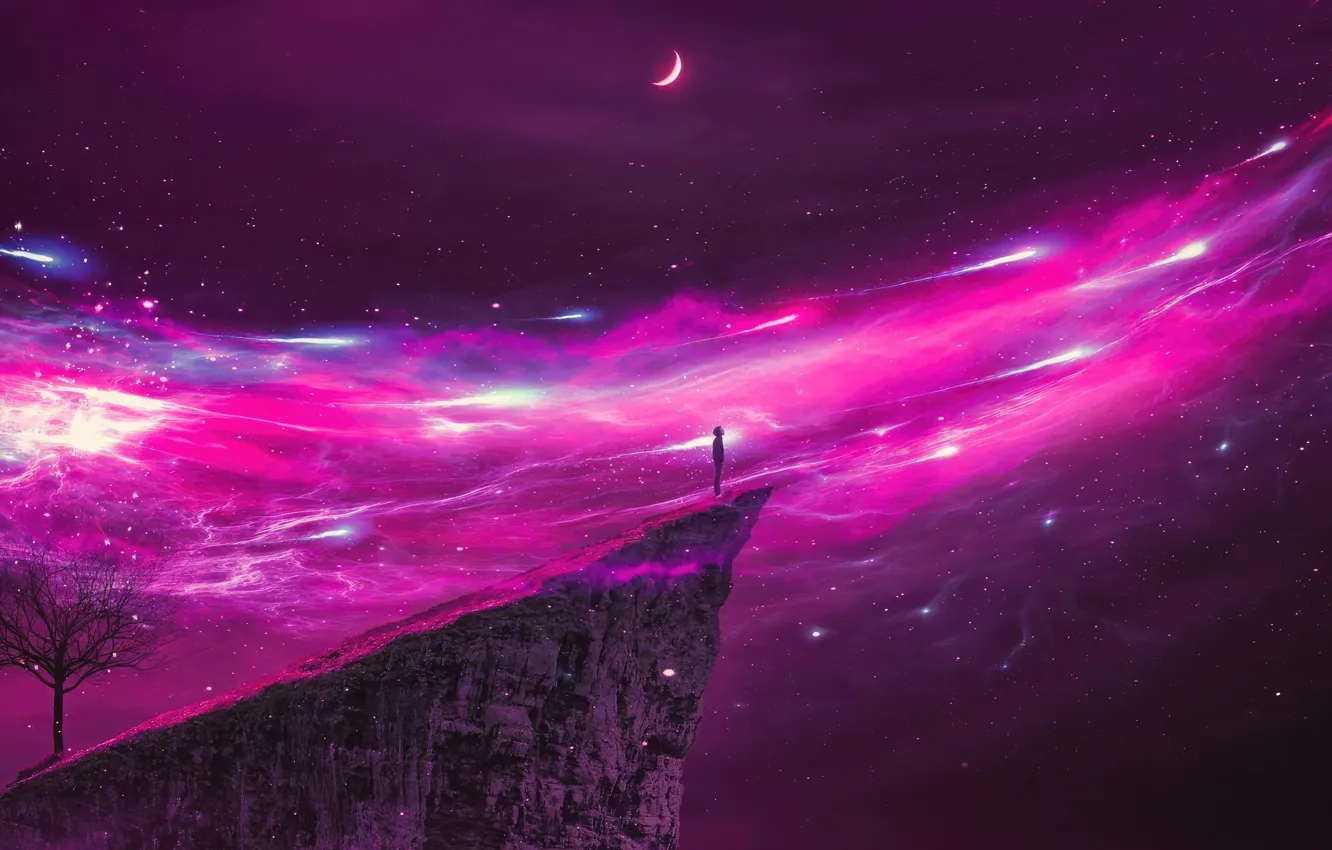 Фото обои мечты, дерево, вселенная, месяц, галактика, universe, moon, пурпурный