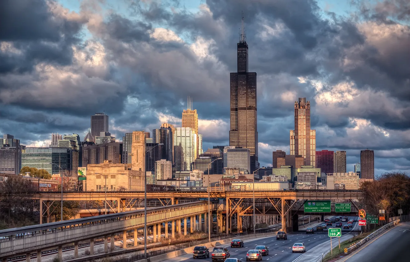 Фото обои город, небоскребы, Чикаго, США, Иллинойс, Chicago, Illinois, ж/д дорога
