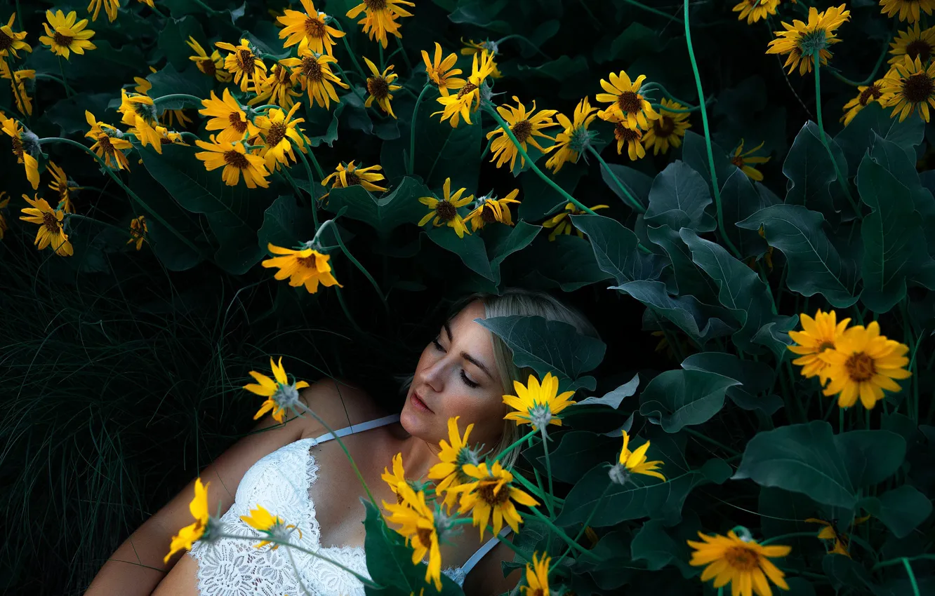 Фото обои девушка, цветы, желтые, лежит