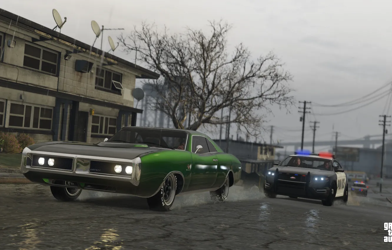 Фото обои дорога, дождь, полиция, погоня, Grand Theft Auto V, лос сантос, gta 5