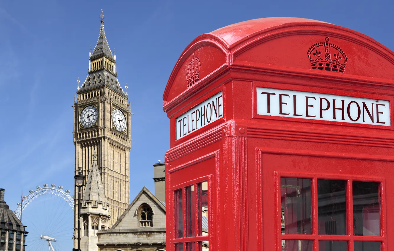 Фото обои city, Англия, Лондон, символ, red, телефонная будка, street, London