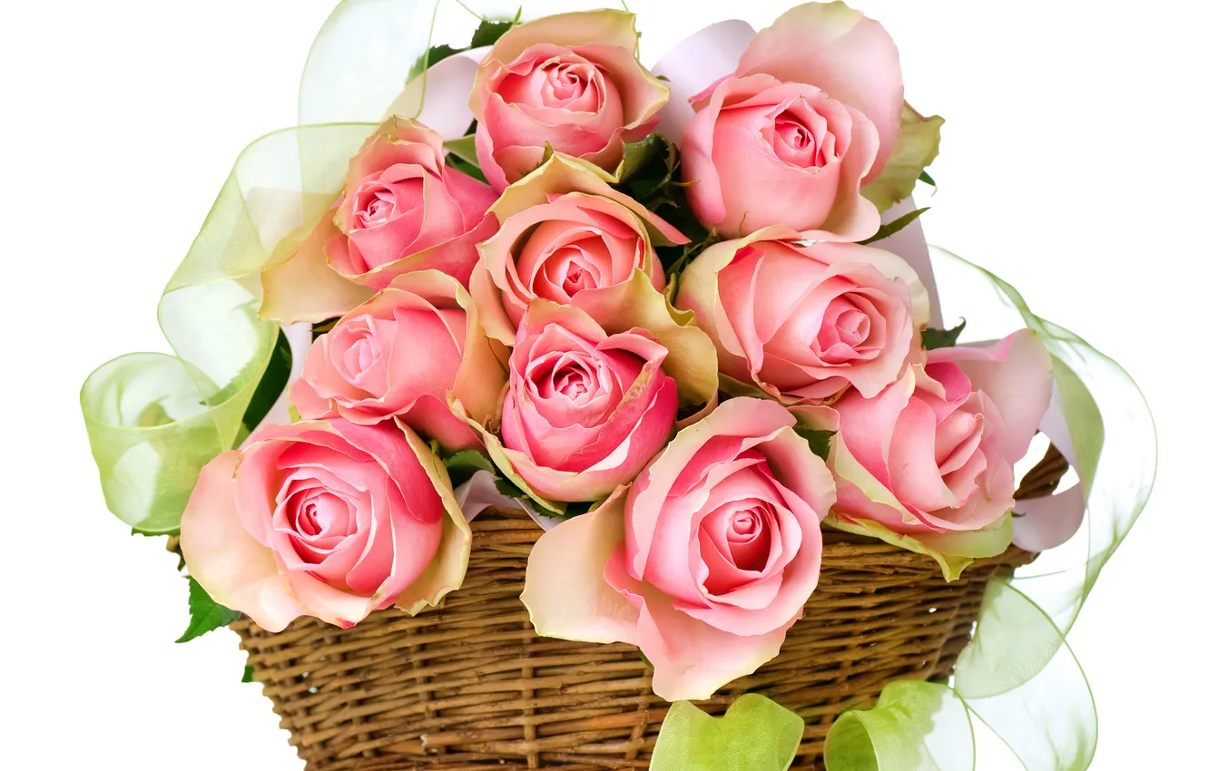 Фото обои розы, букет, лента, корзинка