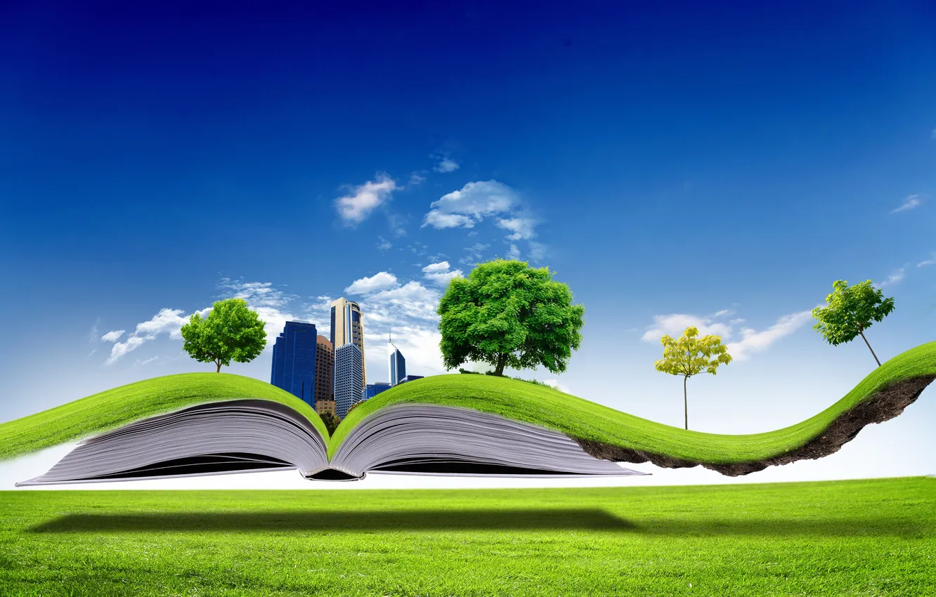Фото обои деревья, креатив, газон, здания, книга