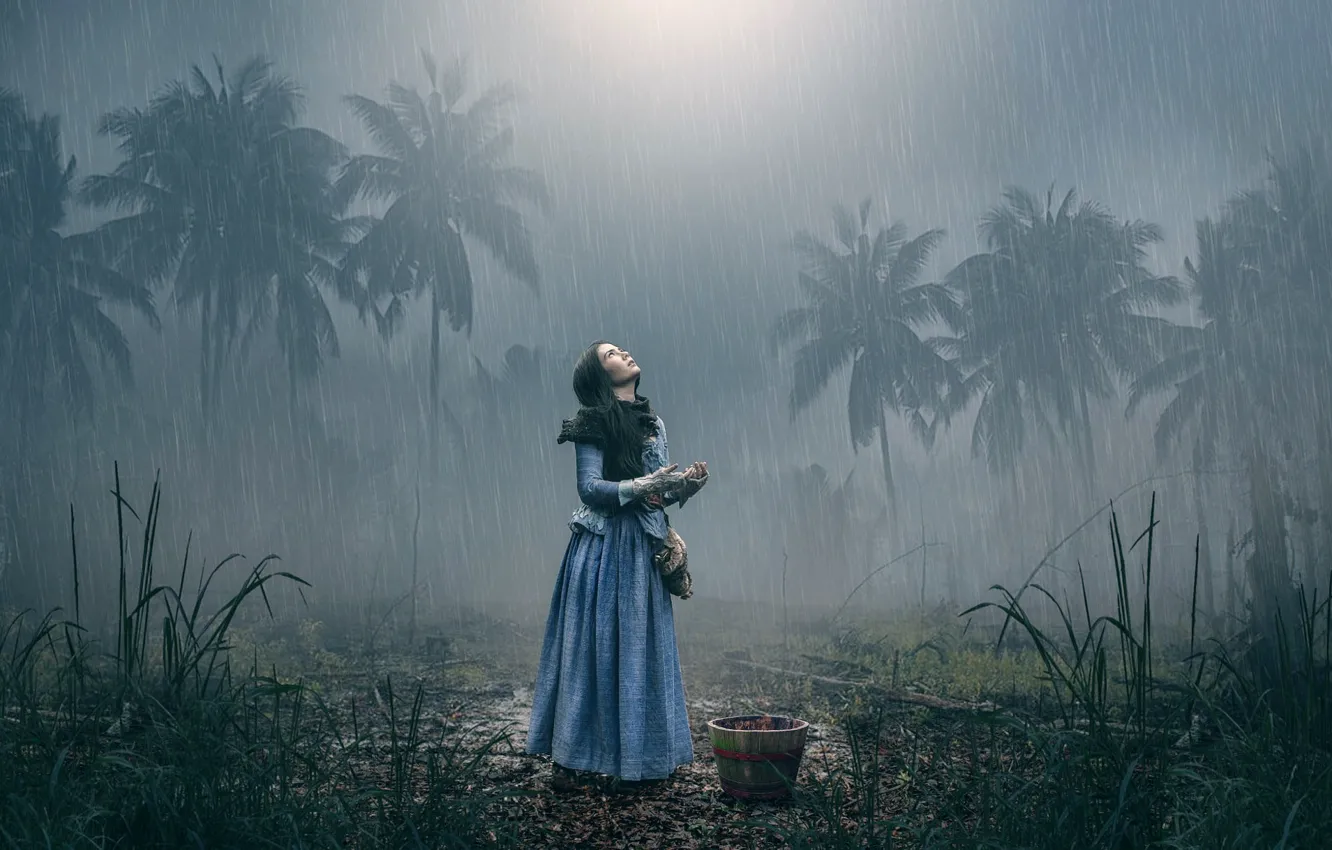 Фото обои девушка, пальмы, дождь
