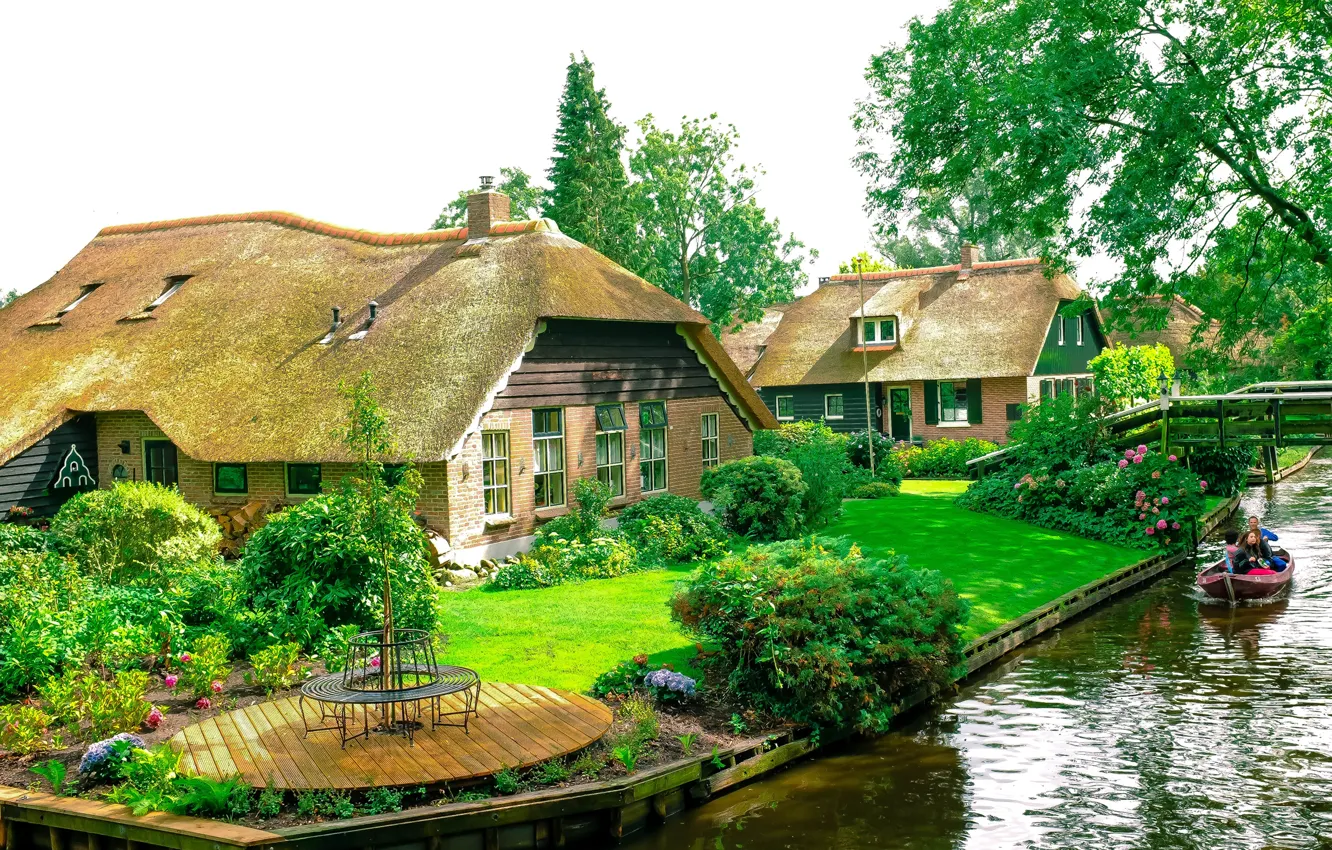 Фото обои дома, Нидерланды, Голландия, водный канал, Giethoorn