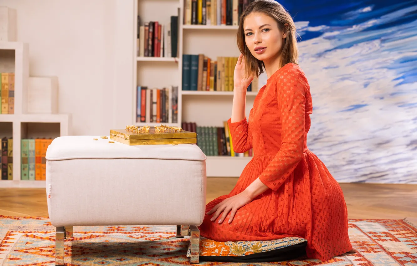 Фото обои hot girl, brown hair, short hair, model, painting, living room, sexy woman, books
