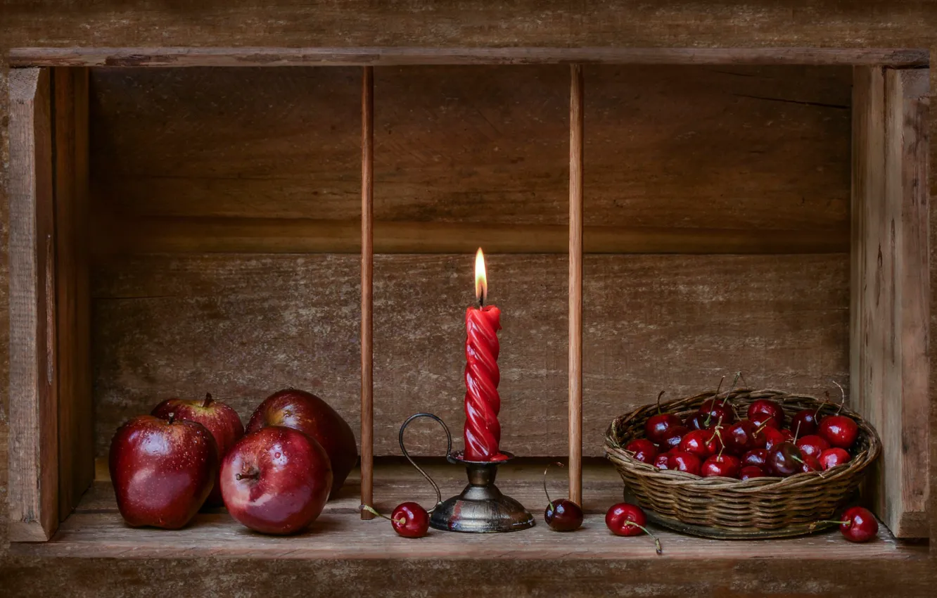 Фото обои яблоки, свеча, Рождество, вишни, Merry Christmas