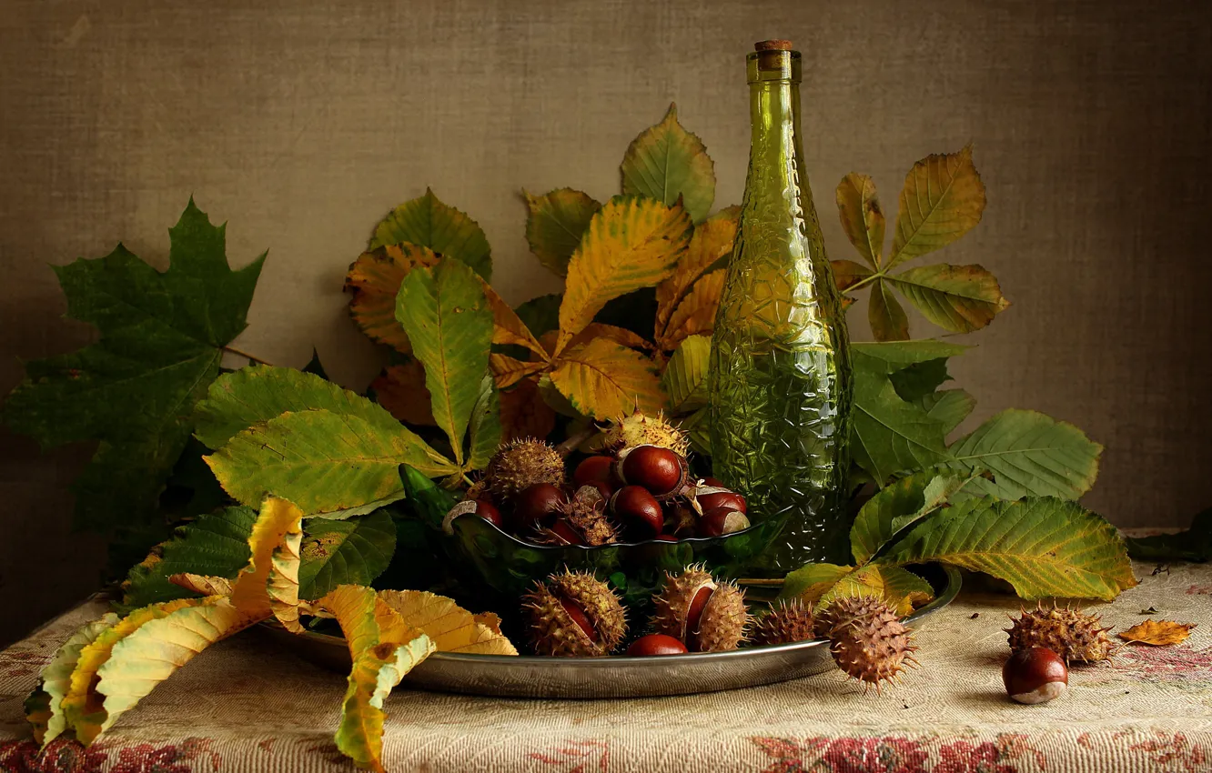 Фото обои листья, бутылка, покрывало, плоды, миска, натюрморт, блюдо, каштаны