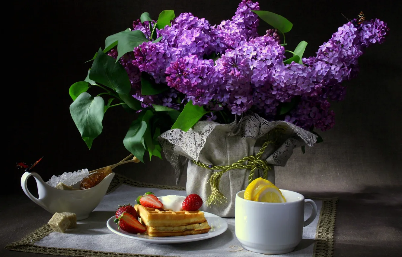 Фото обои бабочки, цветы, темный фон, лимон, завтрак, клубника, чашка, сахар