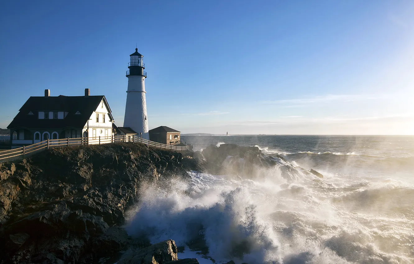 Фото обои море, маяк, United States, Maine, Cape Elizabeth