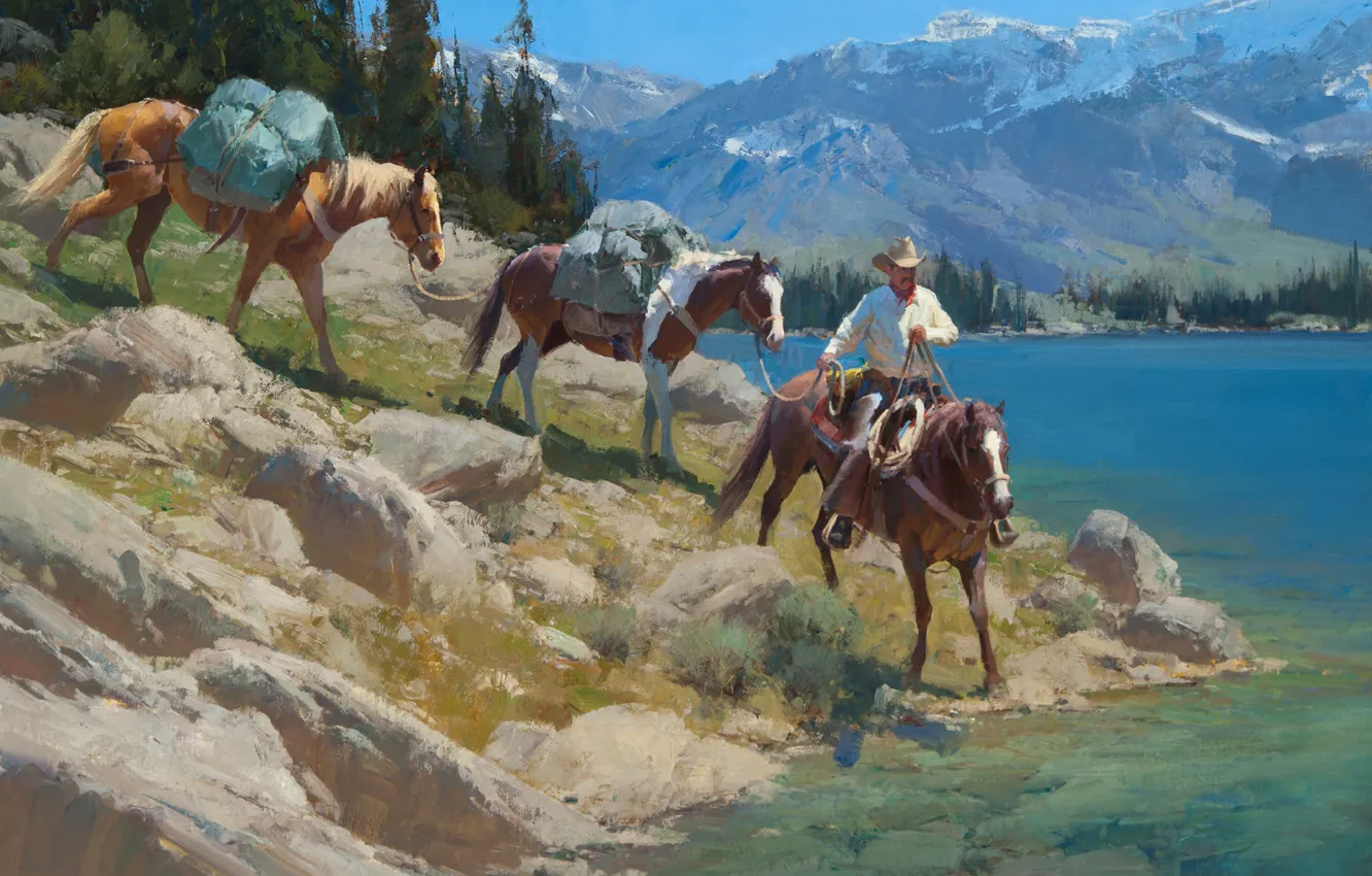 Фото обои небо, деревья, пейзаж, горы, озеро, лошади, ковбой, Anton Bill