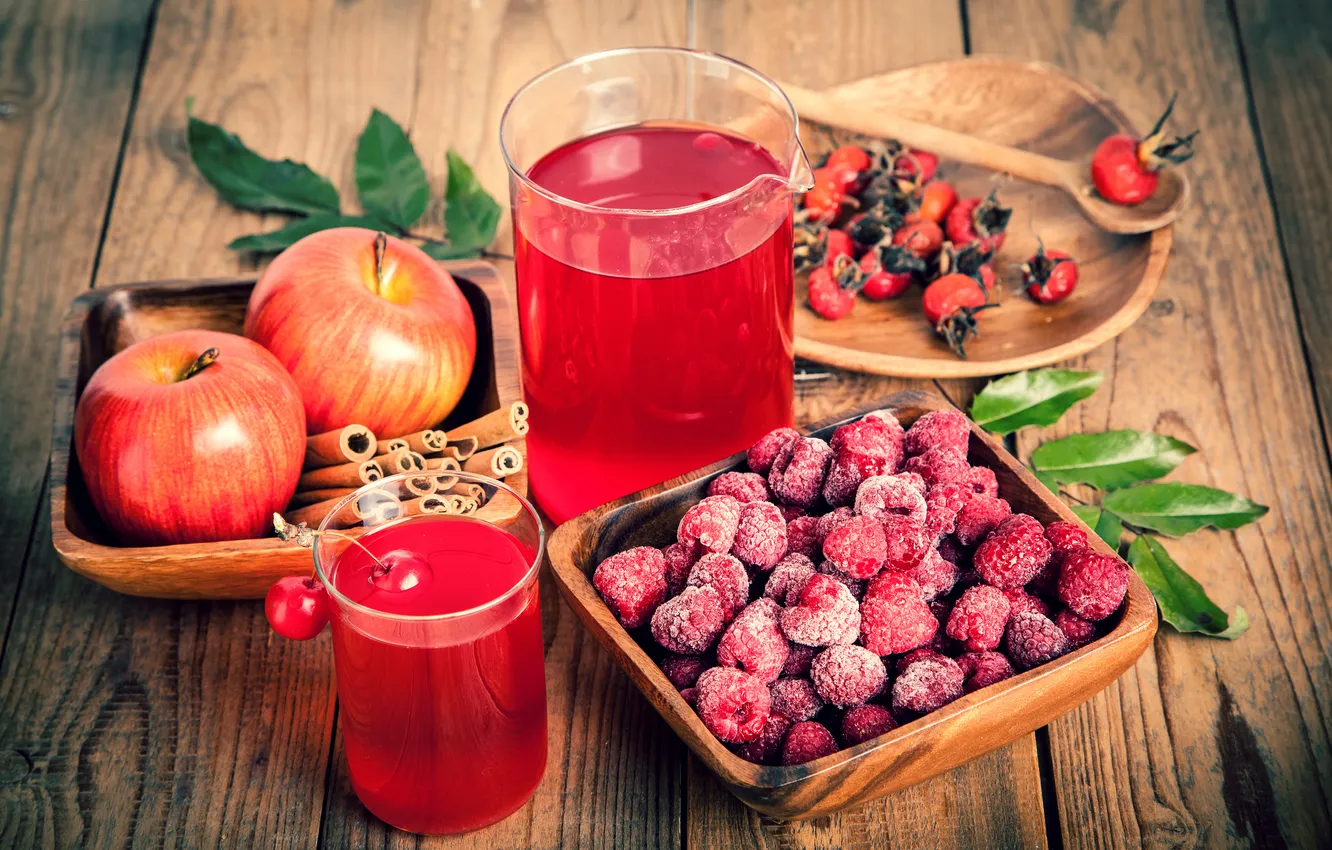 Фото обои ягоды, малина, яблоки, сок, juice, фрукты, корица, fresh