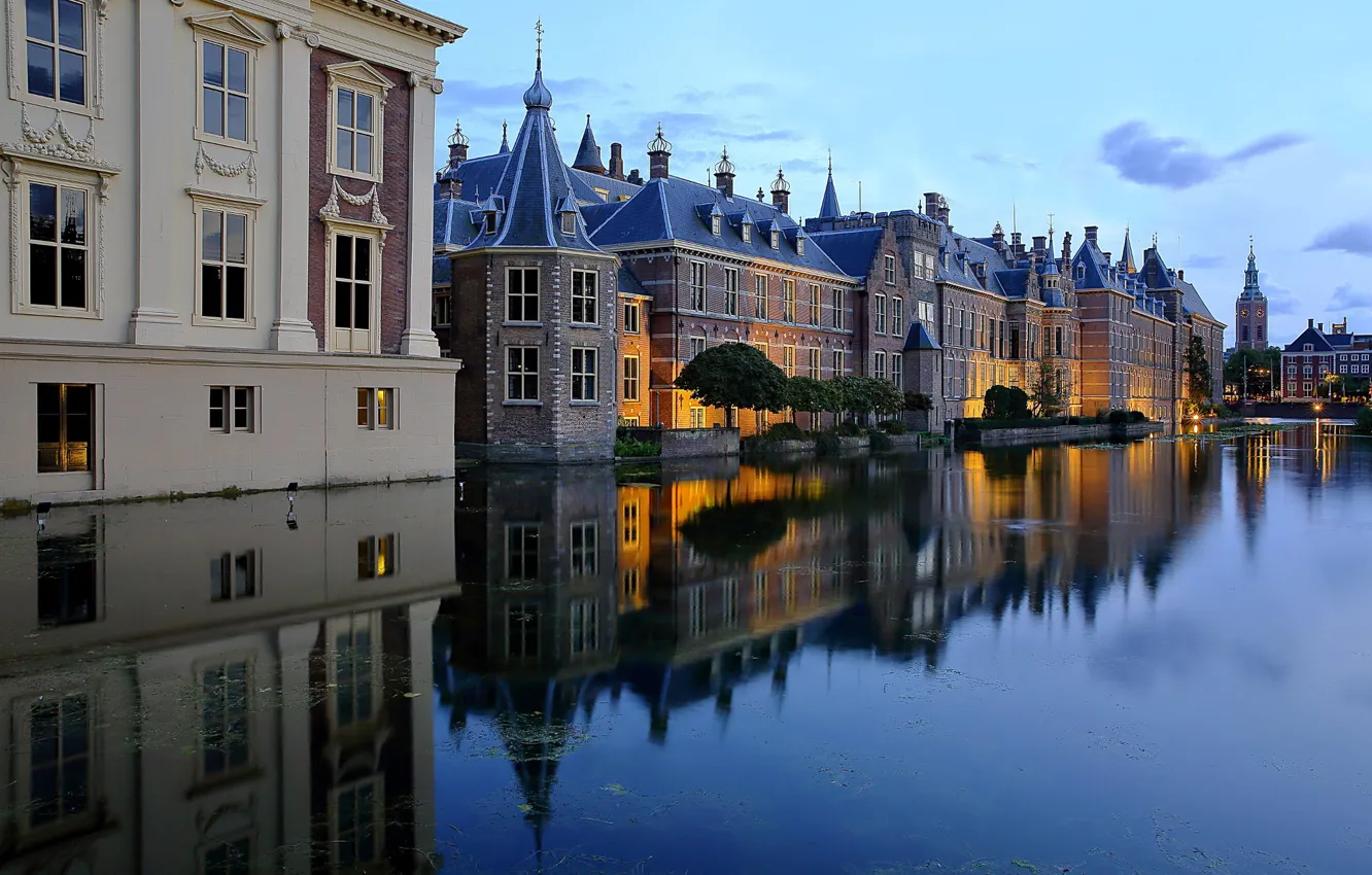 Фото обои озеро, пруд, отражение, здания, дома, Нидерланды, Netherlands, Гаага