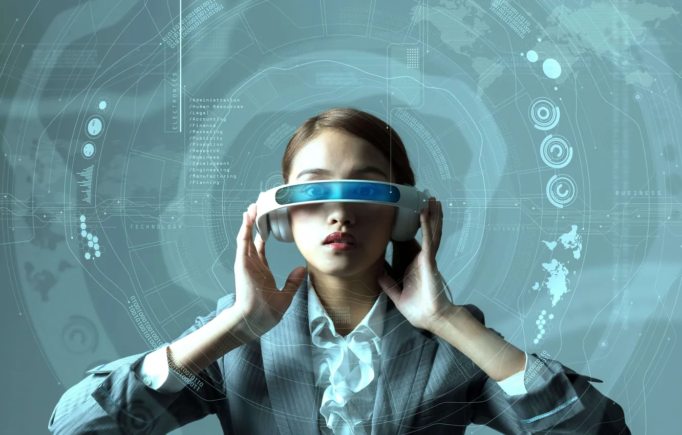 Фото обои future, girl, glasses, engineer, female, futuristic, display, development