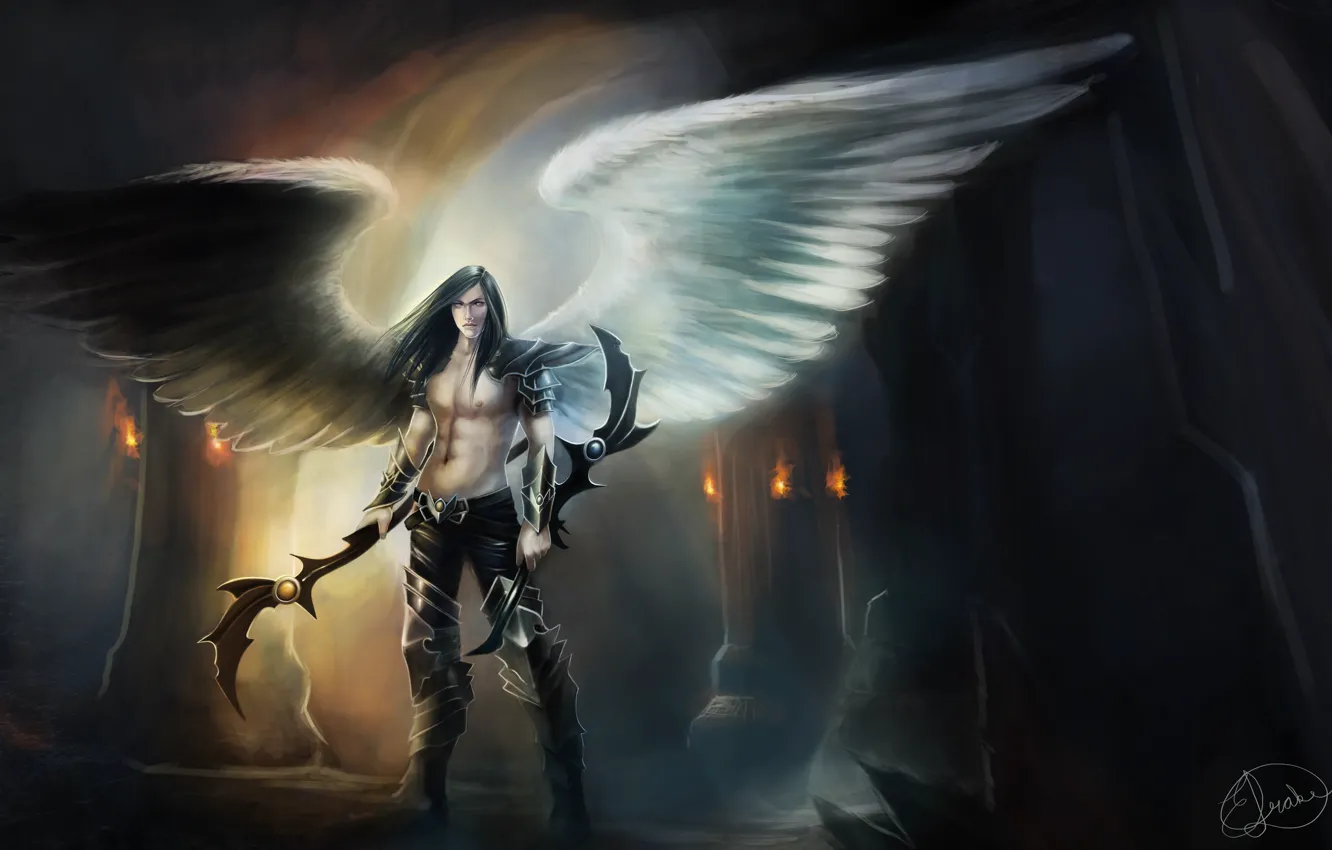Фото обои фантастика, крылья, ангел, демон, арт, парень, оружие. взгляд