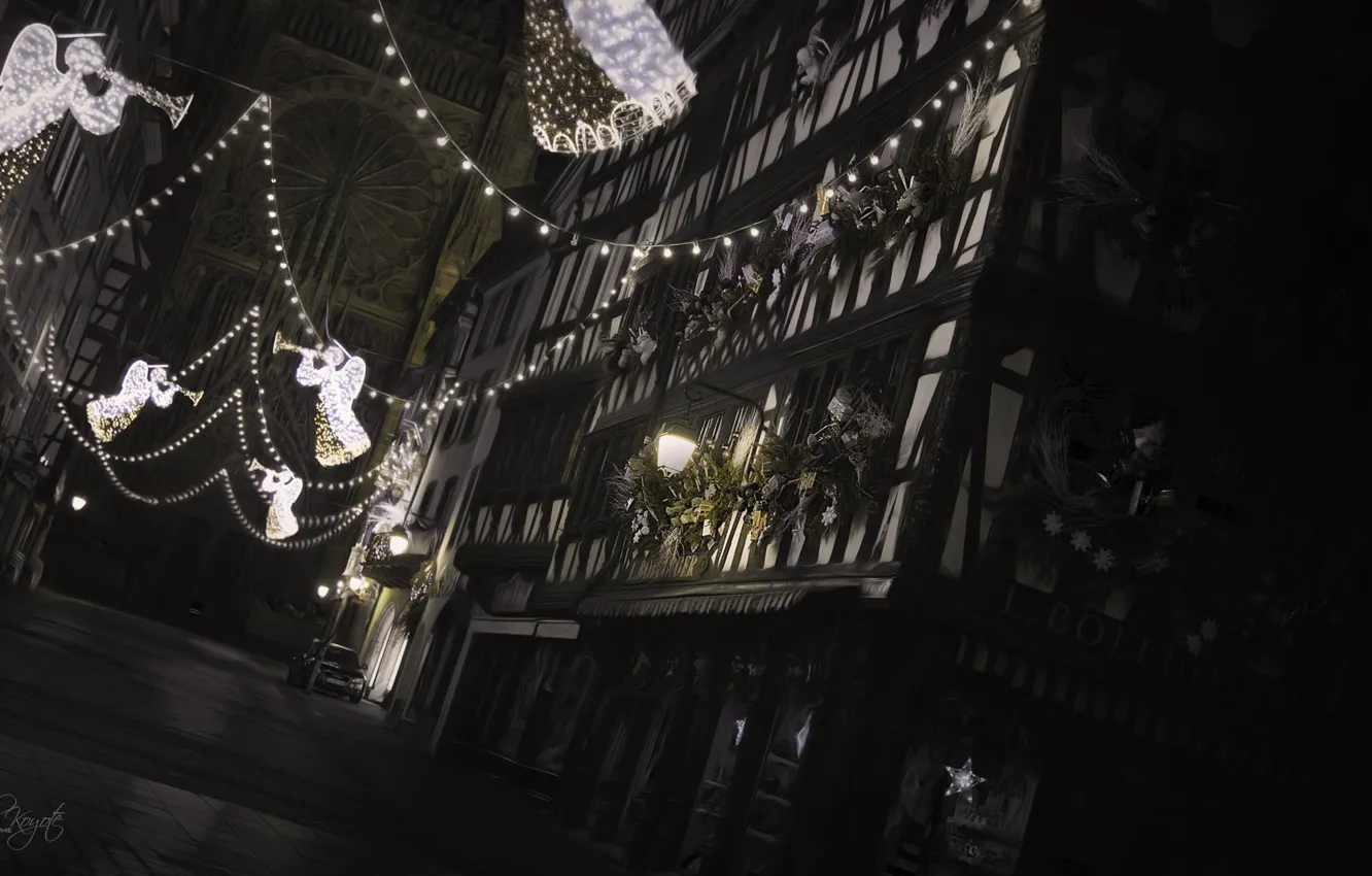 Фото обои ночь, улица, ангелы, christmas, France, Strasbourg