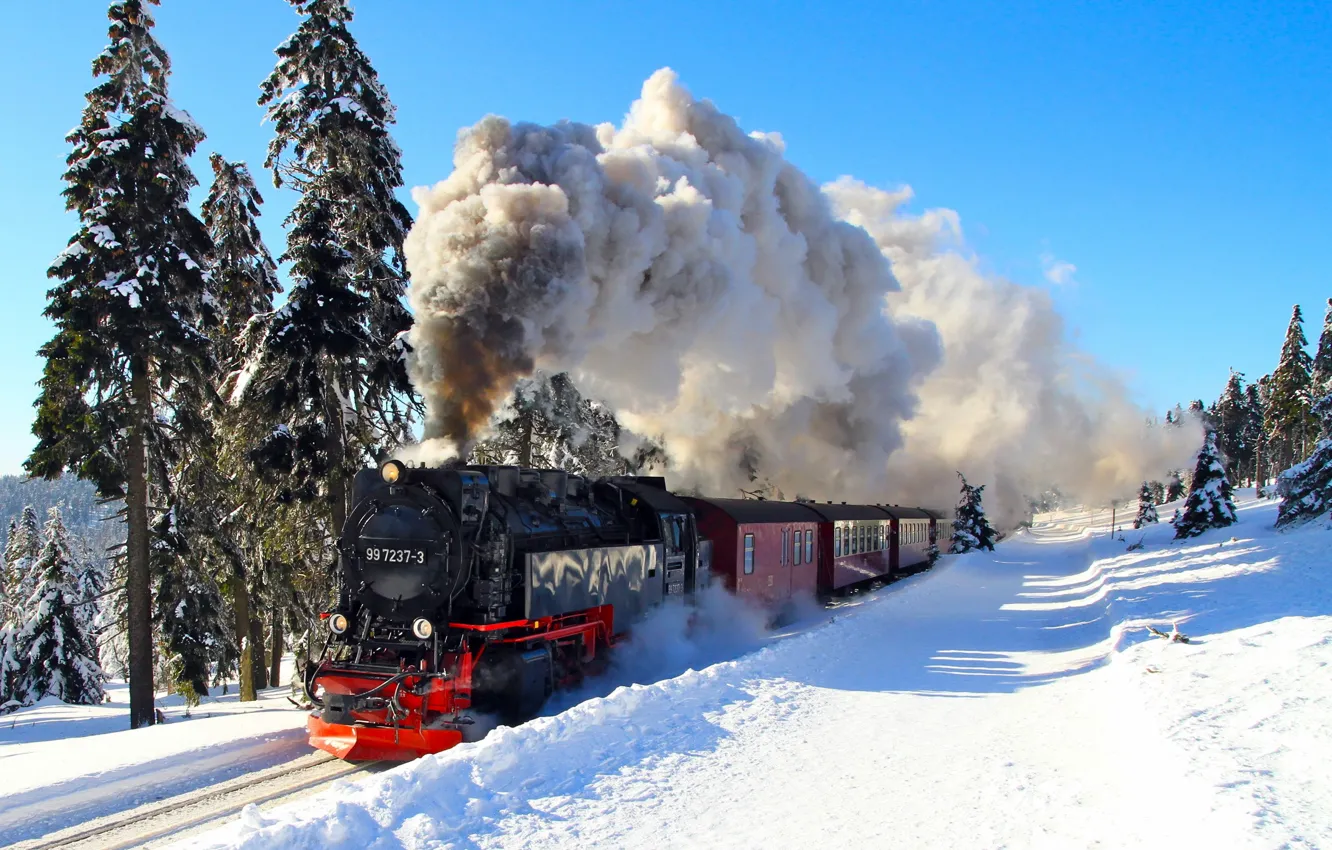 Фото обои зима, паровоз, железная дорога