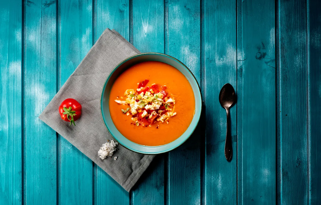 Фото обои тарелка, ложка, суп, помидор