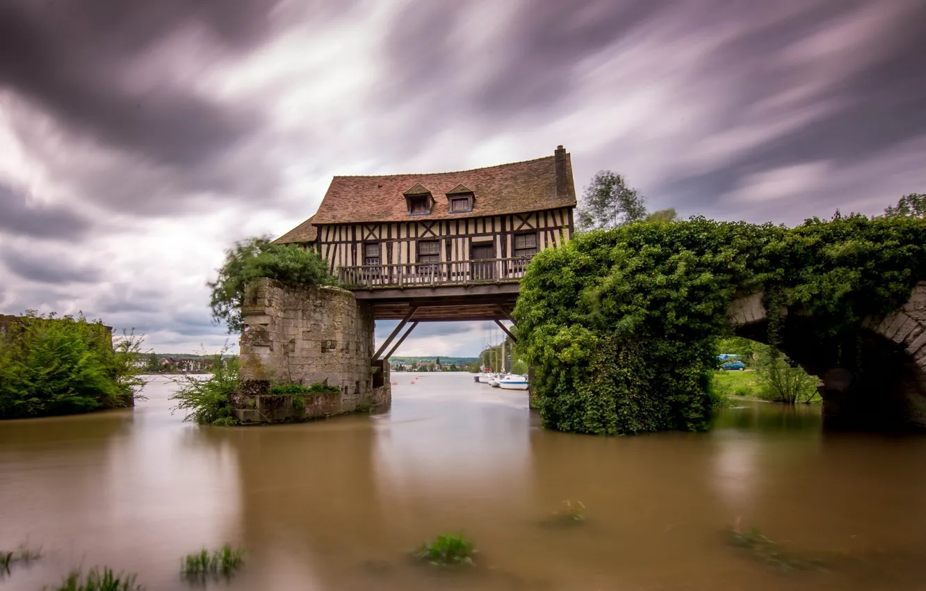 Фото обои река, Франция, Сена, France, Vernon, сломанный мост, Вернон, старая мельница