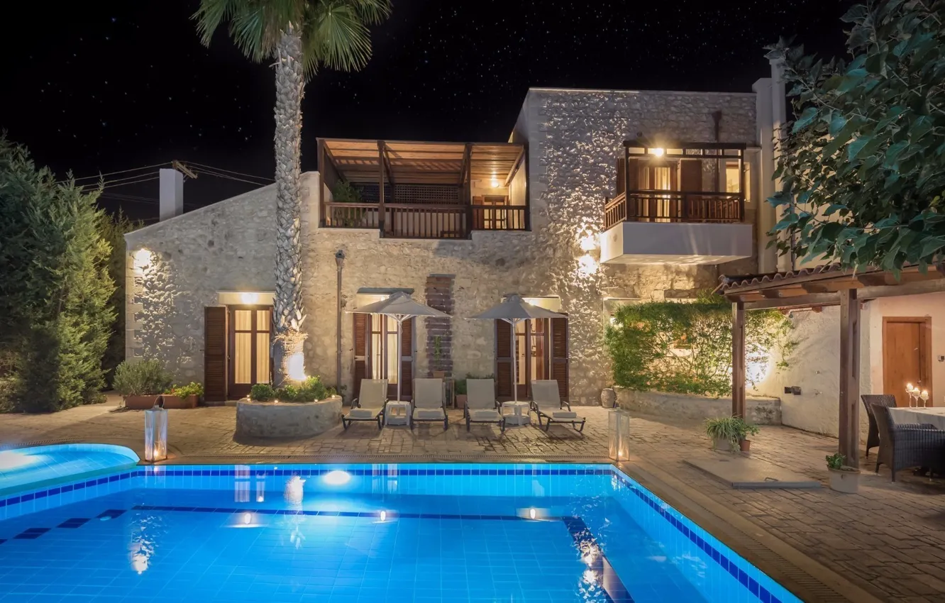 Фото обои вилла, вечер, бассейн, Греция, архитектура, Crete, Villa Asteri