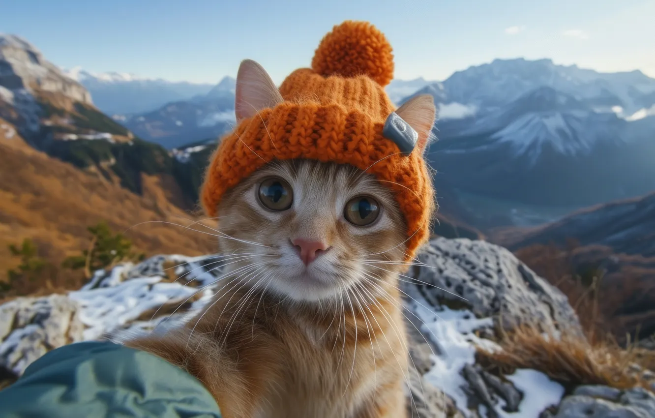 Фото обои зима, кошка, кот, взгляд, снег, горы, поза, камни
