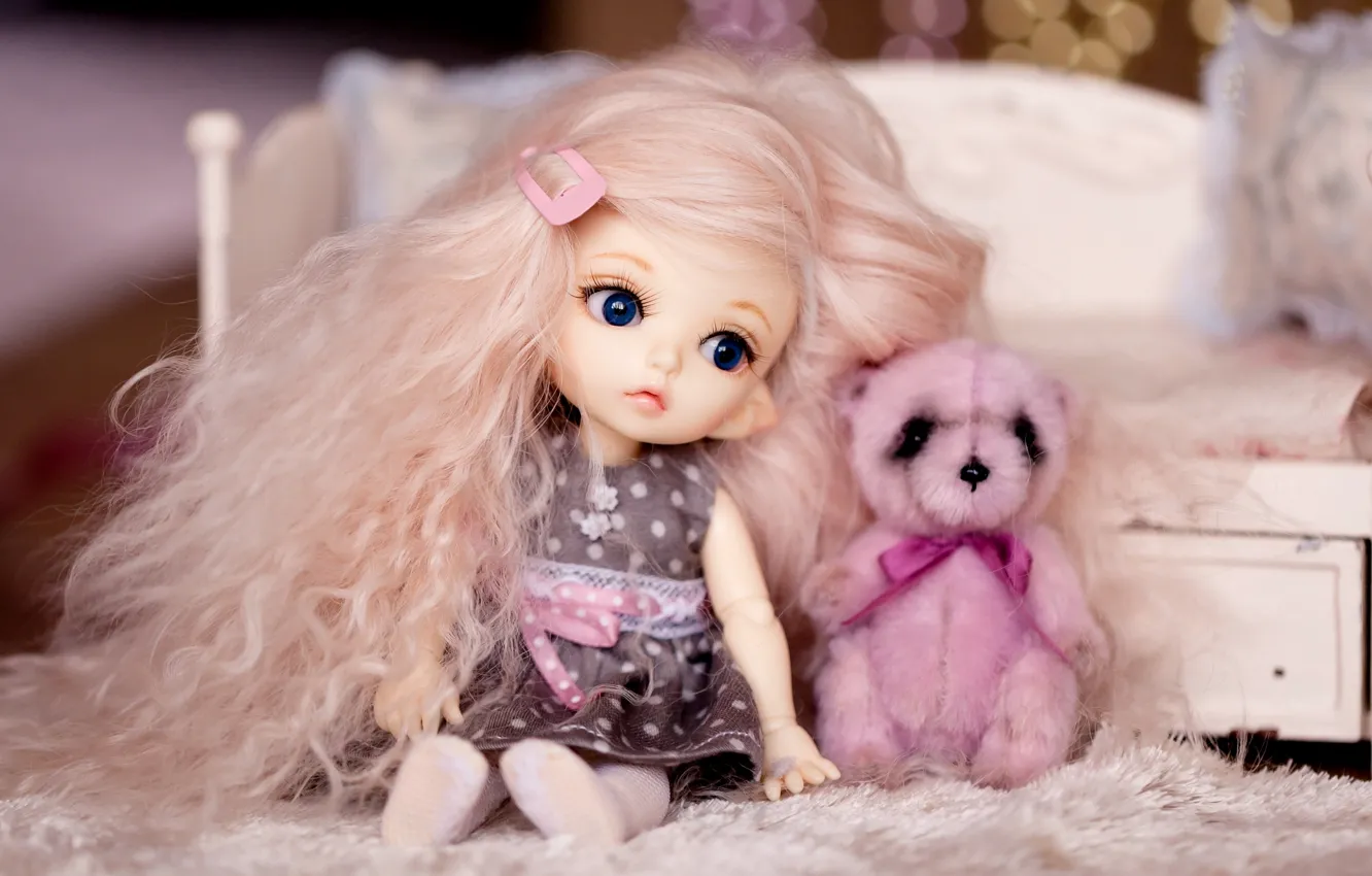 Фото обои волосы, игрушки, кукла, девочка, медвежонок