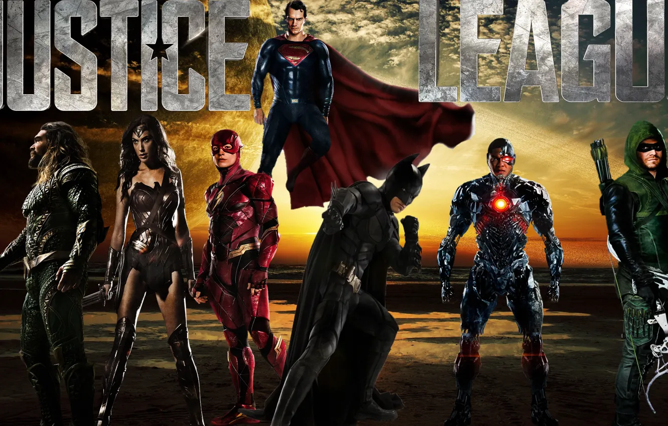 Фото обои Wonder Woman, Batman, Superman, Green Arrow, Arrow, Cyborg, Flash, Aquaman