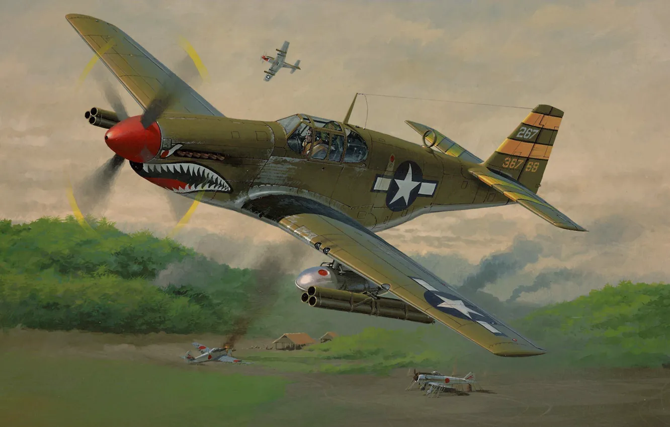 Фото обои Mustang, истребитель, американцы, Мустанг, аэродром, P-51, North American, японцы