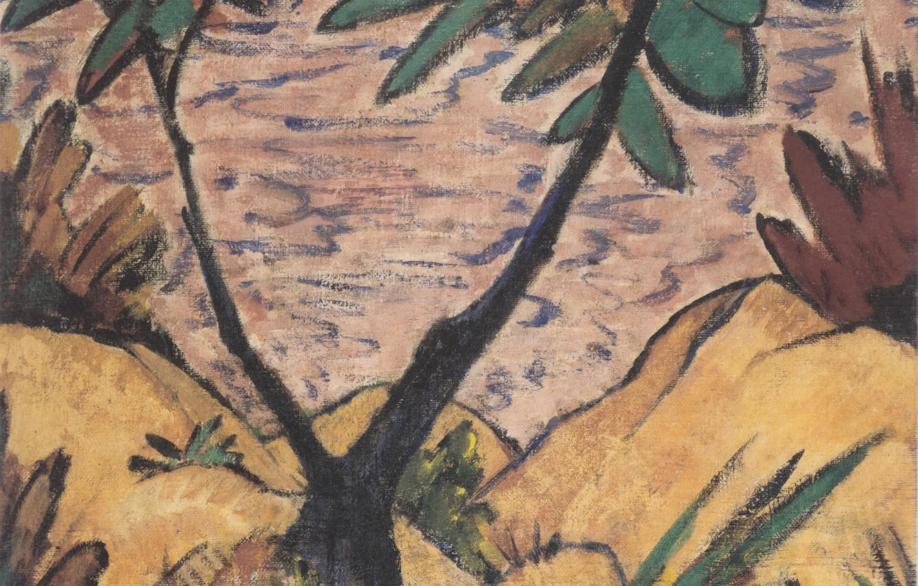 Фото обои Landschaft, Экспрессионизм, Otto Mueller, ca 1920, mit gegabeltem Baum