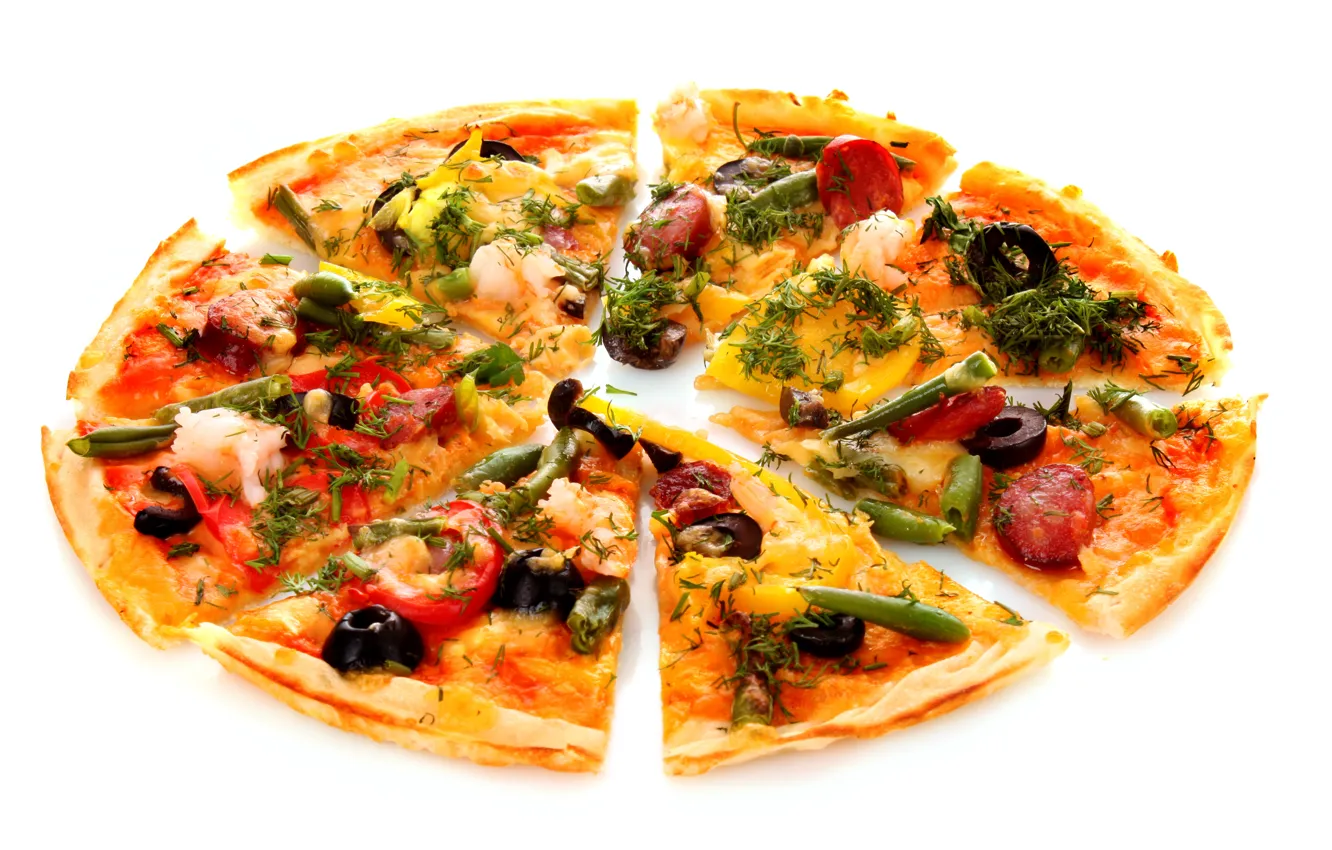 Фото обои зелень, сыр, лук, укроп, пицца, помидор, оливки, колбаса