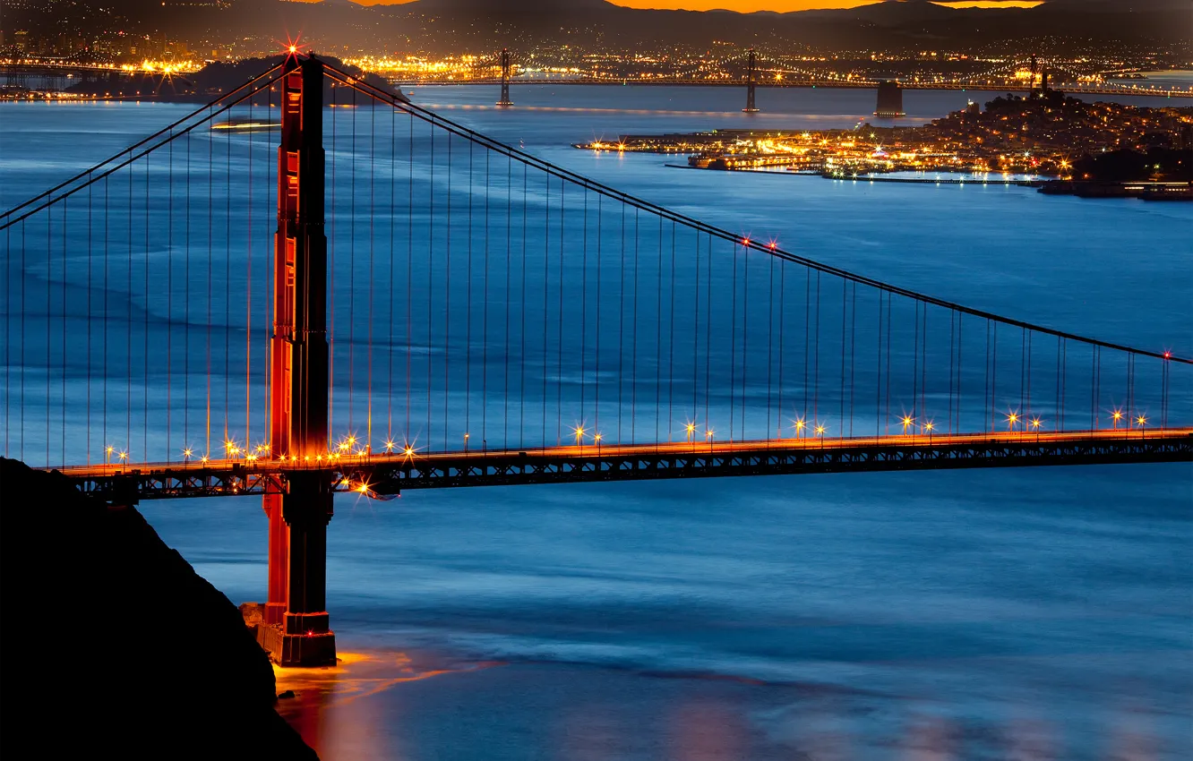 Фото обои мост, город, огни, утро, Золотые ворота, США, Сан Франциско