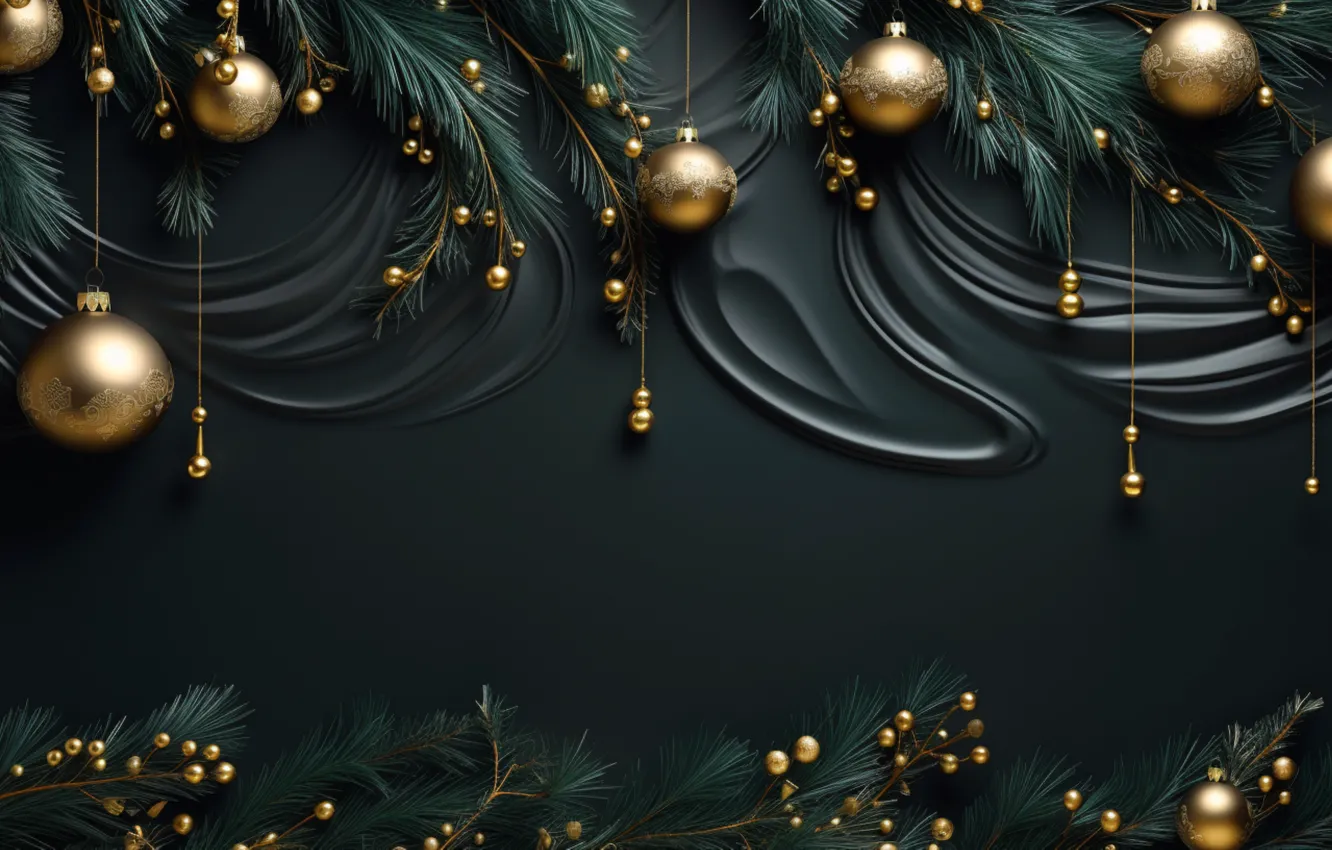 Фото обои украшения, темный фон, шары, Новый Год, Рождество, golden, new year, happy