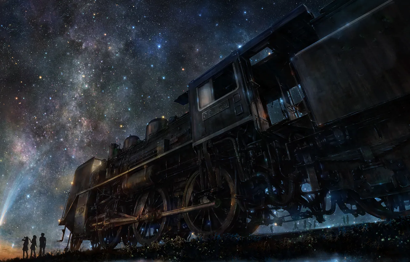 Фото обои ночь, люди, поезд, арт, звездное небо, iy tujiki