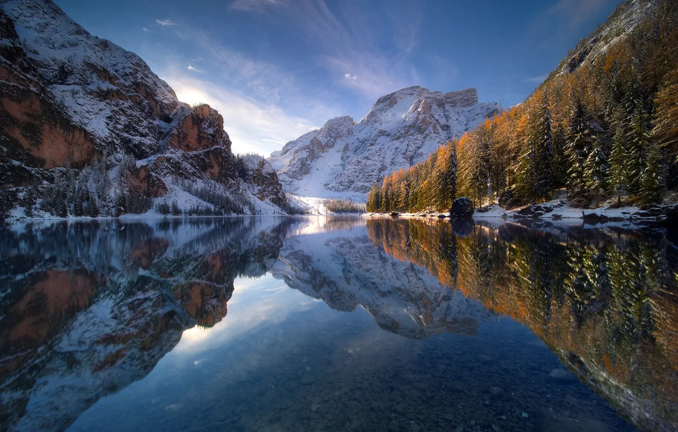 Фото обои зима, осень, небо, снег, отражения, озеро, гора
