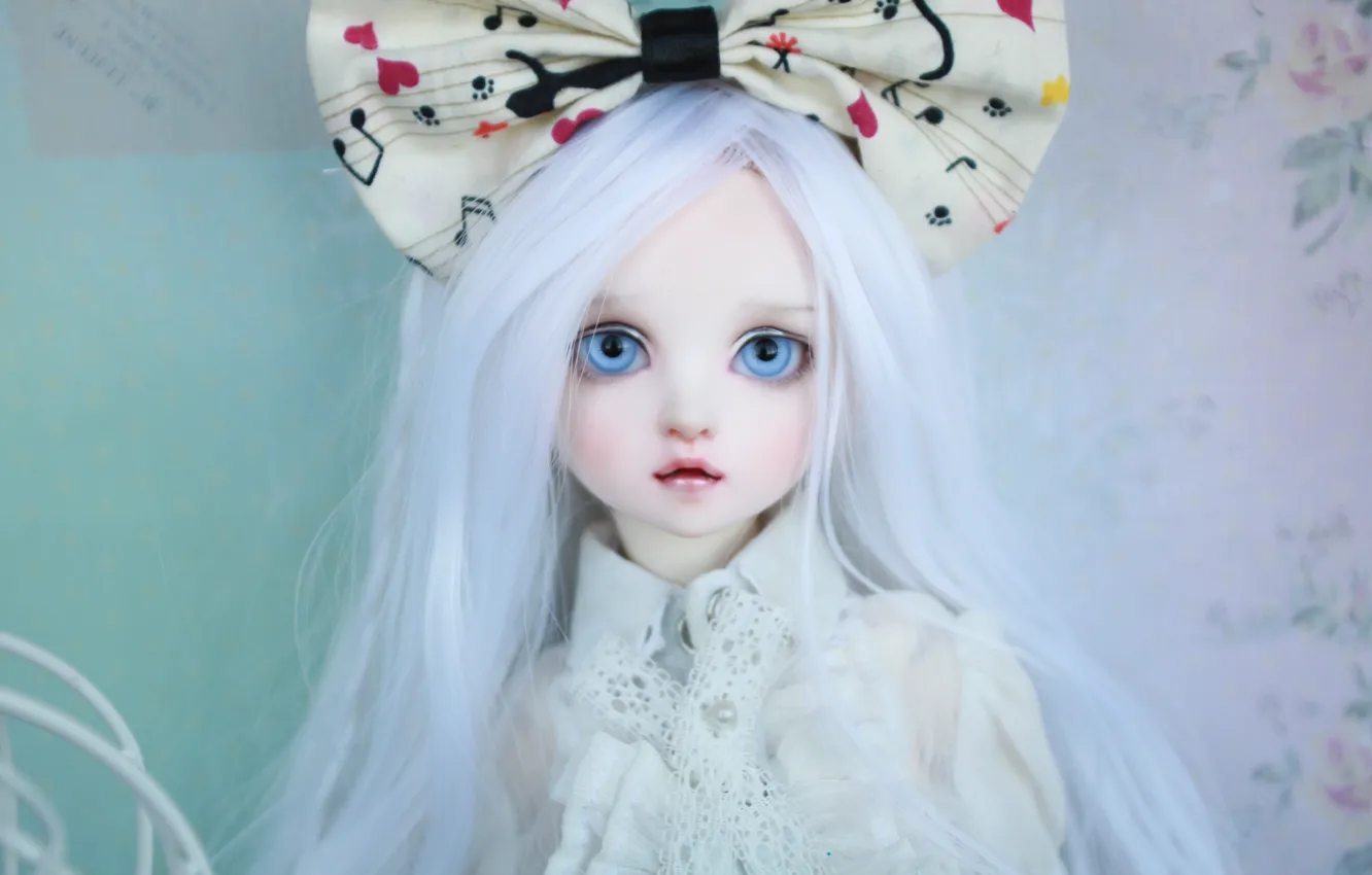 Фото обои кукла, голубые глаза, бант, длинные волосы, белые волосы, doll, BJD