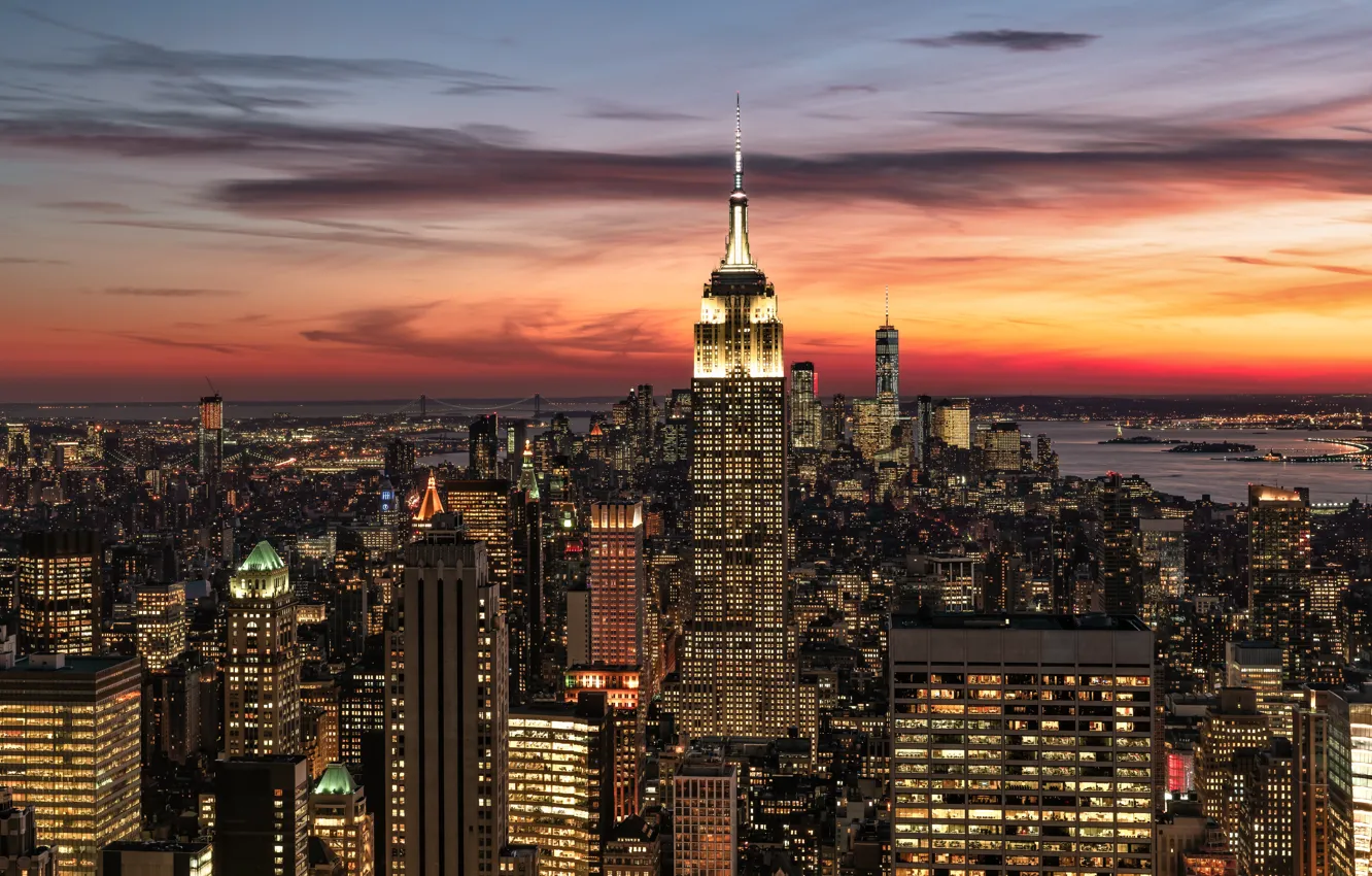 Фото обои закат, здания, дома, Нью-Йорк, ночной город, Манхэттен, небоскрёбы, Manhattan