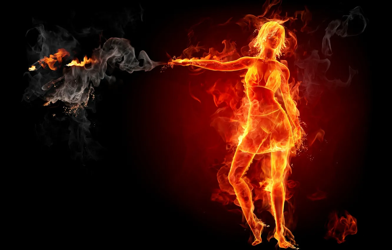 Фото обои девушка, огонь, пламя, жарко