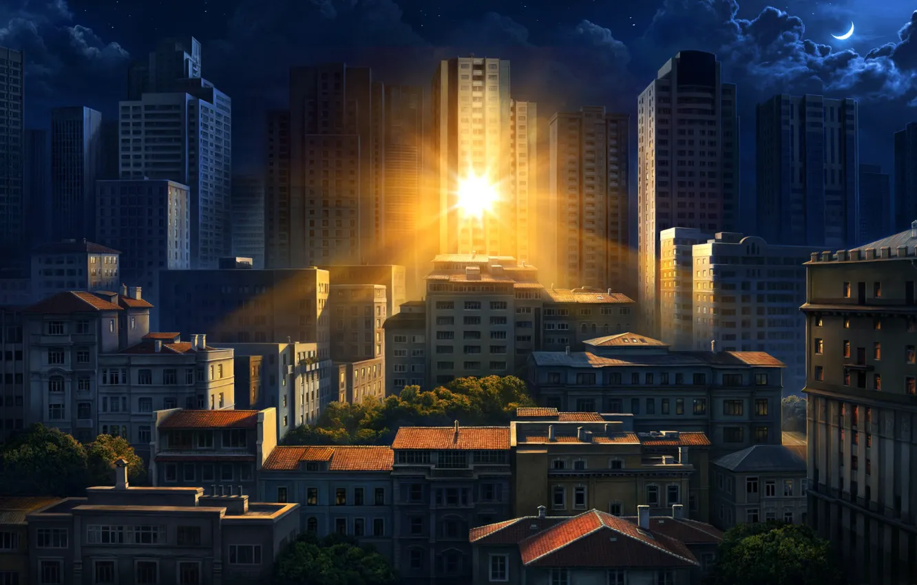Фото обои солнце, город, отражение, утро, арт, Olga Antonenko, Illustration for Philips Hue Go Ilan poster