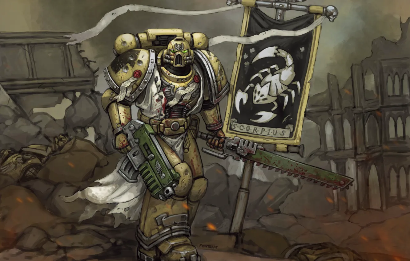 Фото обои меч, шлем, броня, Space Marine, Warhammer, art, Warhammer 40k, знамя